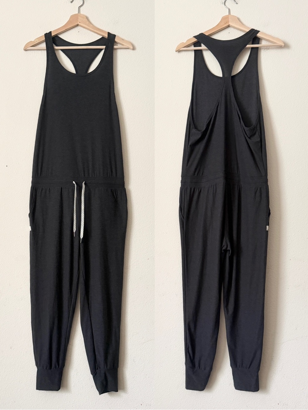 Vuori SMALL Lux racerback tapered leg dark grey pocketed jumpsuit